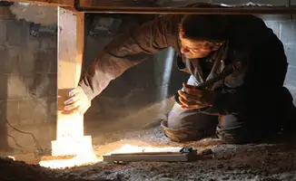 A professional inspecting wooden beams under the floor of a structure in San Diego, CA